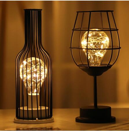 Minimalist Hollow Iron Wine Bottle LED Table Lamp – Warm White Decorative Light