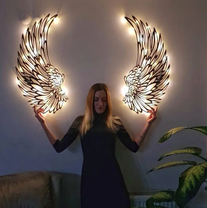 “Luxury Angel Wings Metal Wall Art with Soft LED Light – Elegant Home Wall Decor”