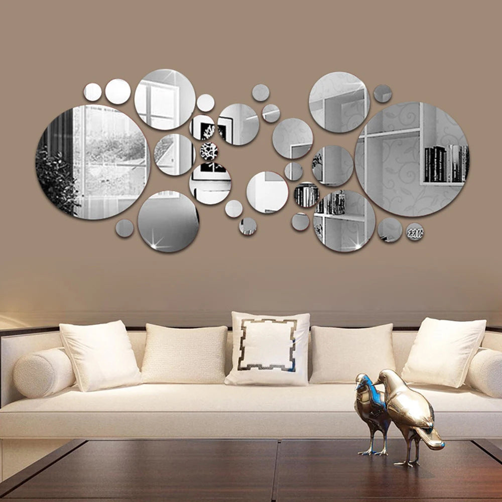 Modern Acrylic Circle Mirror Wall Stickers – Decorative 3D Effect Wall Art Set (26/32 Pieces)